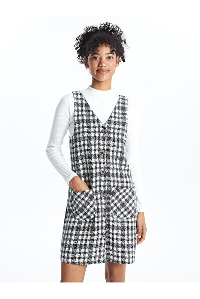 LC Waikiki Black V-Neck Plaid Dress