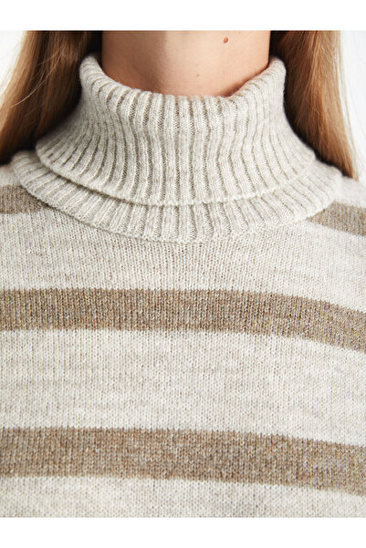 LC Waikiki Pruhované oversize pletené dámské šaty s rolákem - dlouhý rukáv