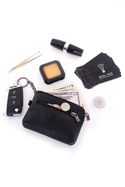 Trusador Milano Unisex Black Zippered Mini Size Women Men Keychain Coin Holder Pouch Wallet