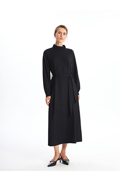 LC Waikiki Black Stand Collar Straight Long Sleeve Dress