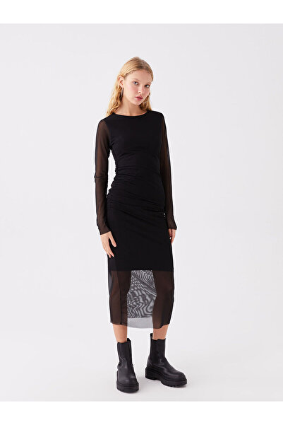 LC Waikiki Damenkleid – Rundhalsausschnitt, einfarbig, lange Ärmel