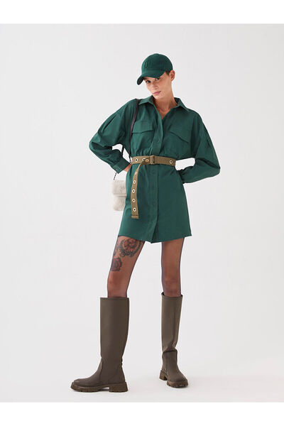 LC Waikiki Green Plain Long Sleeve Women's Shirt Dress