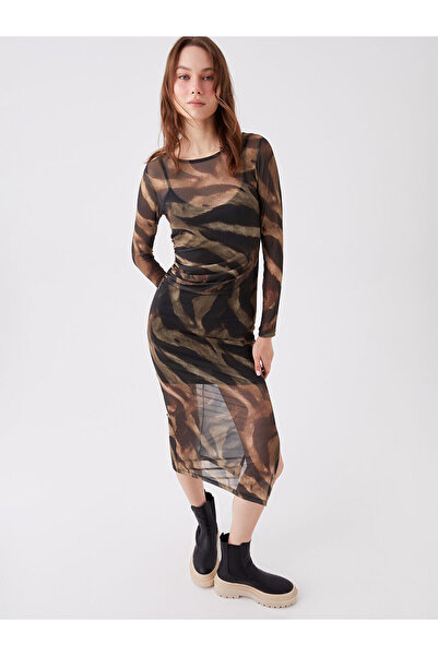 LC Waikiki Brown Crew Neck Patterned Long Sleeve Dress