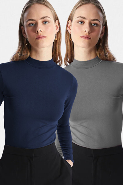 VODENS Women's Anthracite Navy Blue 2-Piece Stand Collar Ultra Soft Bodysuit