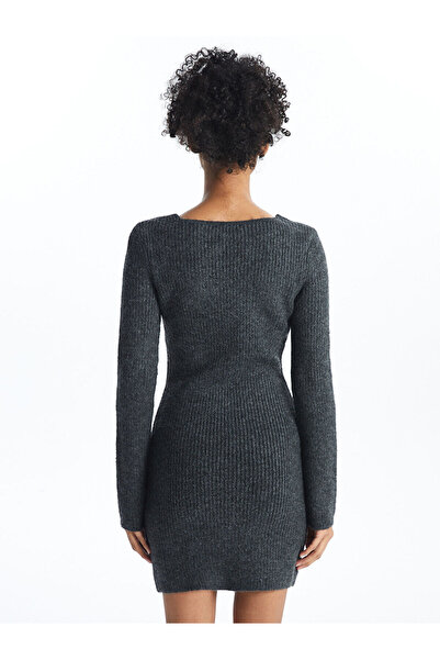 LC Waikiki Γυναικείο πλεκτό φόρεμα με μακρύ μανίκι ανθρακί με λαιμόκοψη