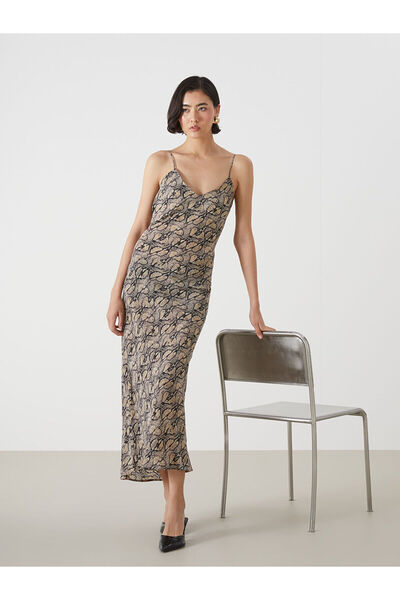 LC Waikiki Brown Heart Neckline Snakeskin Patterned Suspender Dress