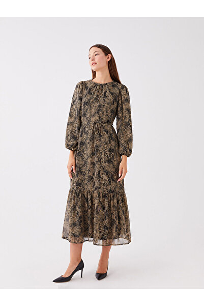 LC Waikiki Vzorované dámské šaty s dlouhým rukávem a výstřihem