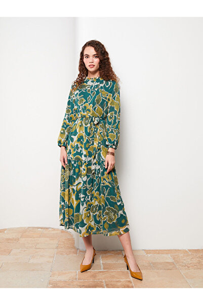 LC Waikiki Vzorované dámské šaty s dlouhým rukávem s volánkovým vysokým límečkem