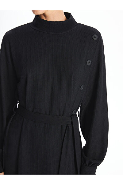 LC Waikiki Black Stand Collar Straight Long Sleeve Dress