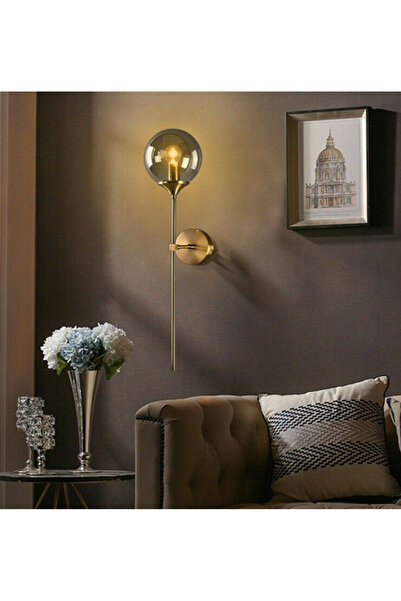 Fico Home Modern Tasarım Füme Camlı Pilli Aplik Kablosuz Tak Çalıştır Aç Kapa Butonlu Eskitme Gold Sarı