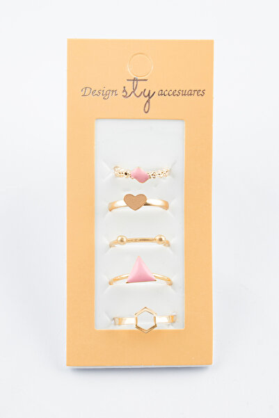 Sortie Aksesuar Kalp Üçgen ve Altıgen Figürlü Mineli 5'li Ayarlanabilir Yüzük...