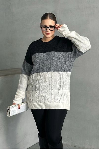 Stil Diva Plus Size Long Sleeve Crew Neck Color Block Knitwear Sweater Dg-04