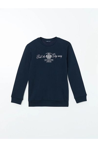 LC Waikiki Lcwaikiki Classic Navy Blue Crew Neck Long Sleeve Printed Men's Thick Sweatshirt