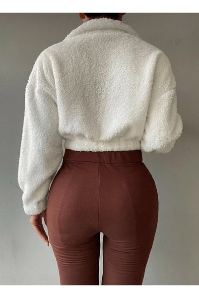 Pupa Women's Half Zipper Ecru Stand Collar Plush Elastic Waist Crop Sweatshirt