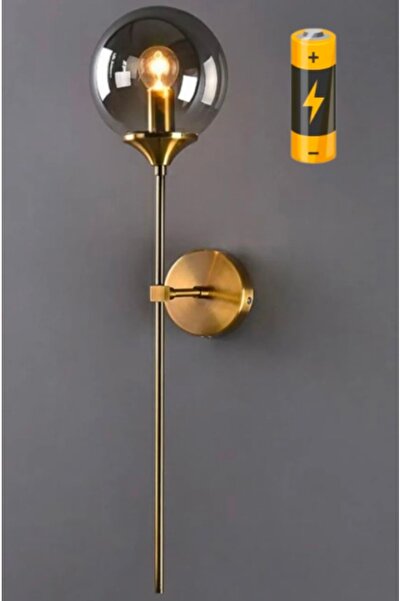 Fico Home Modern Tasarım Füme Camlı Pilli Aplik Kablosuz Tak Çalıştır Aç Kapa Butonlu Eskitme Gold Sarı