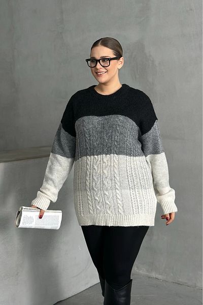 Stil Diva Plus Size Long Sleeve Crew Neck Color Block Knitwear Sweater Dg-04