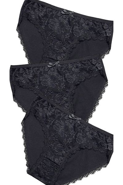 Gizli Butik Chiloți bikini din bumbac negru - Set de 3 dantelă în față