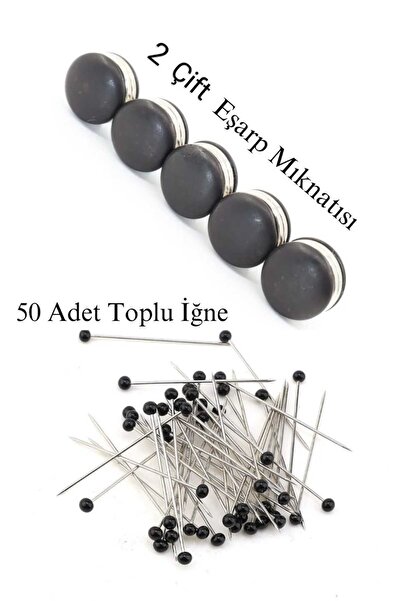 lawrenceshop 2 li Set 2 Çift (4 Adet) Eşarp Şal Türban Baş Örtüsü Mıknatısı + 50 Adet Toplu İğne