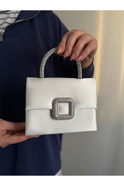 Mimoza Women's White Satin Evening Dress Bag - Crystal Buckle - Chain Long Strap Wedding / Bridal / Wedding