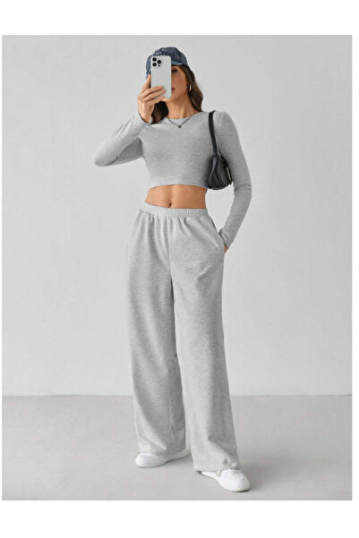 CAONNES Kadın Gri Baggy Büyük Beden  Bol Kesim Esnek Rahat Kumaş Eşofman Altı Pantolon Altı Tessettür 626kk