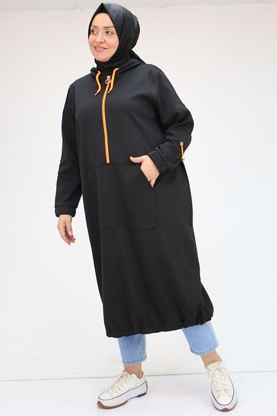 Eslina 48096 Plus Size Kangaroo Pocket Osyho Tunic - Black
