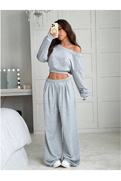 CAONNES Kadın Gri Baggy Büyük Beden  Bol Kesim Esnek Rahat Kumaş Eşofman Altı...