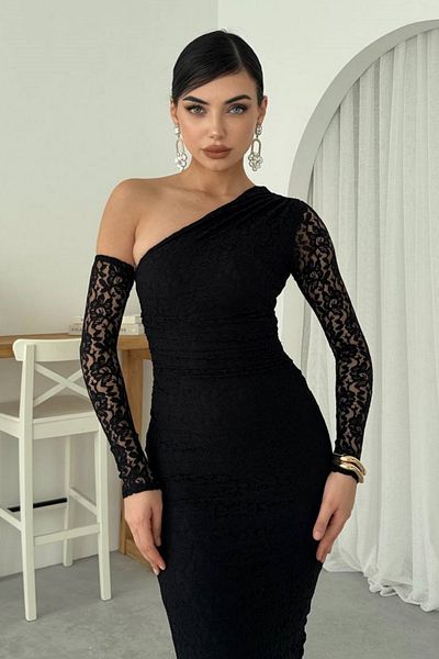 bayansepeti Lining Lace Fabric Asymmetrical Neckline One Shoulder Detail Pencil Cutout Black Lace Evening Dress 364