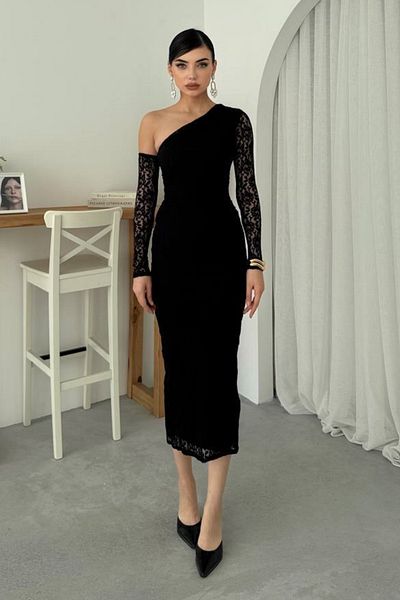 bayansepeti Lining Lace Fabric Asymmetrical Neckline One Shoulder Detail Pencil Cutout Black Lace Evening Dress 364
