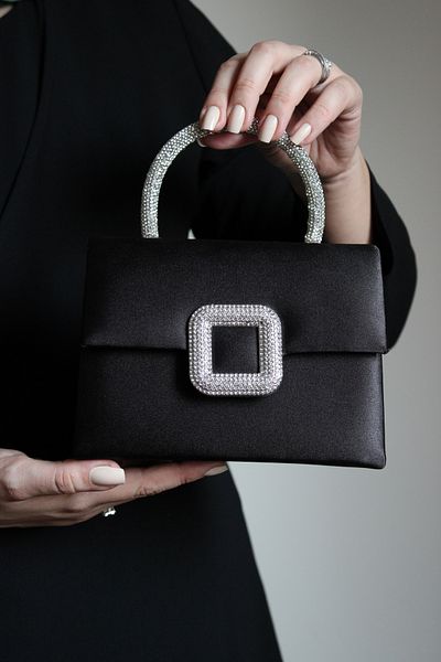 Mimoza Women's Black Satin Evening Bag - Crystal Buckle - Chain Long Strap