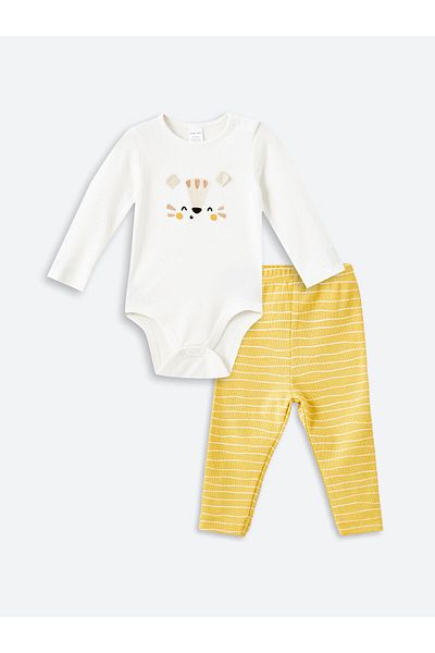 LC Waikiki Crew Neck Printed Baby Boy Snap Fastener Bodysuit and Leggings Set of 2