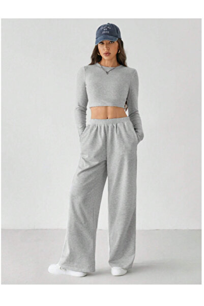 CAONNES Kadın Gri Baggy Büyük Beden  Bol Kesim Esnek Rahat Kumaş Eşofman Altı Pantolon Altı Tessettür 626kk