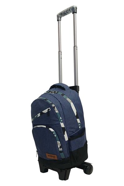 ROWAN ÇANTA Navy Blue Linen Fabric School Backpack with Wheels with 2 Stage Portable Drucker with Laptop Compartment