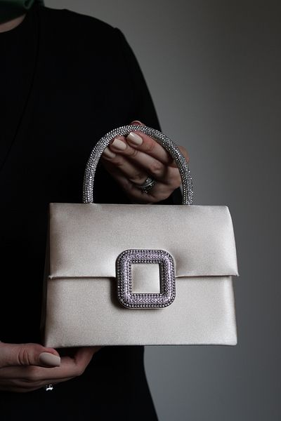 Mimoza Women's Cream Satin Evening Bag - Crystal Buckle - Chain Long Strap
