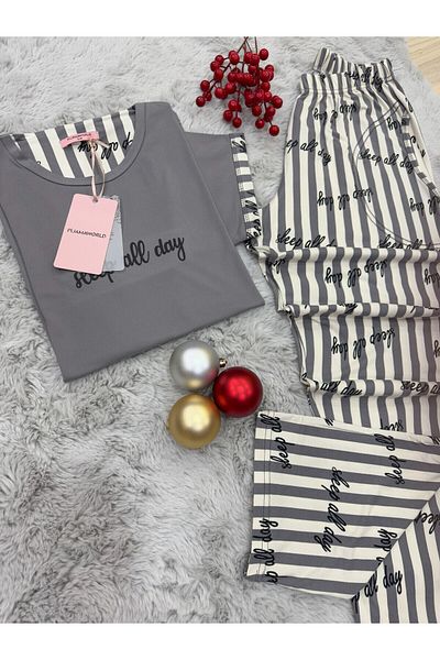 pijamaworld New Season Milan Fabric Short Sleeve Short Sleeve Long Pajama Set
