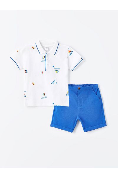 LC Waikiki Polo Collar Printed Baby Boy T-Shirt and Shorts Set of 2
