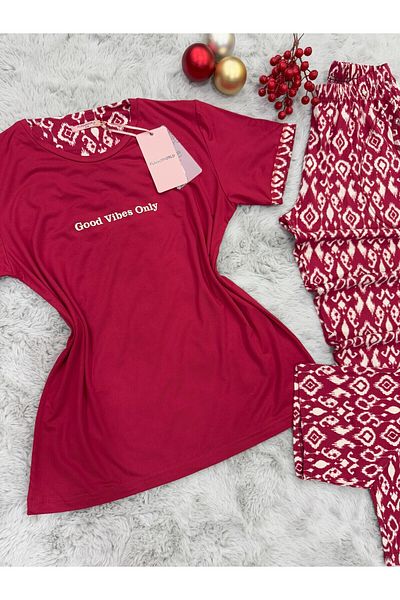 pijamaworld New Season Milan Fabric Short Sleeve Short Sleeve Long Pajama Set