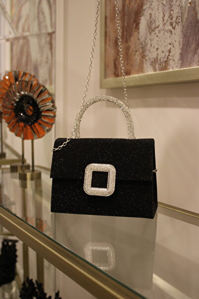 Mimoza Women's Black Silvery Evening Bag - Crystal Buckle - Chain Long Strap