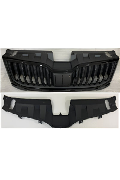 gkl SKODA OCTAVİA 2018-2021 UYUMLU ÖN PANJUR VE ÜST PLASTİK KOMPLE SİYAH CERC...