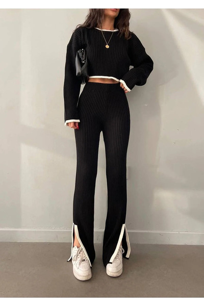 LocaMz Black Oversize Slit Detailed Crew Neck Knitwear Bottom-Top Set