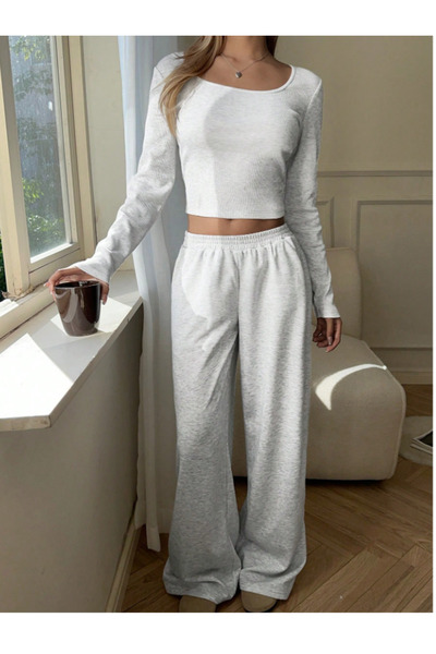 CAONNES Γκρι ελαστικό άνετο φαρδύ παντελόνι φόρμας μεγάλου μεγέθους - Τεσσέττ...