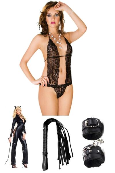 3'lü Set Kadın Siyah Sex Gecelik Siyah Peluş Deri Kelepçe Siyah Püsküllü Uzun Kırbaç