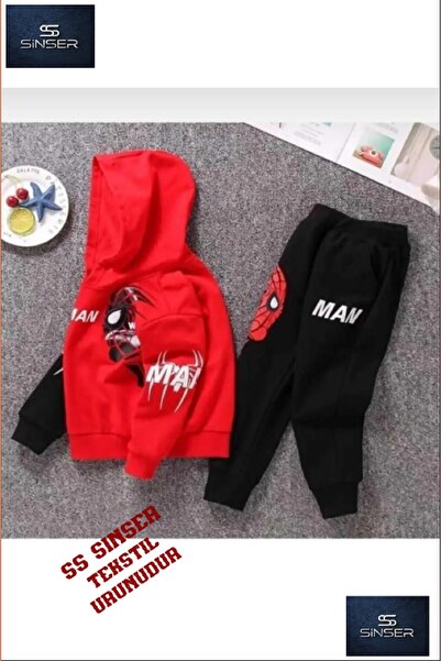 SS SİNSER Kapşonlu Çocuk “ORUMCEKADAM KIRMIZI / SIYAH” Baskılı Eşofman Takımı