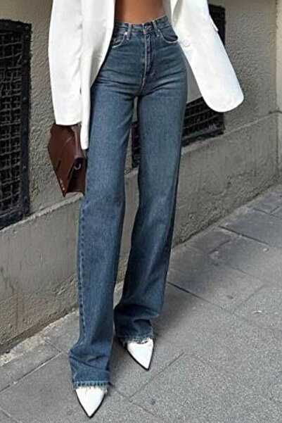 CoolLook Esnek 5 Cepli Yüksek Belli Yıkamalı Rahat Fermuarlı Tarz Wideleg Kot...