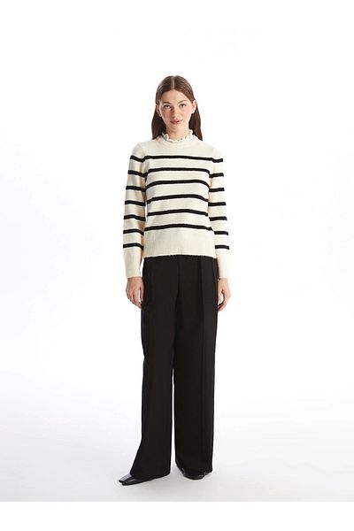 LC Waikiki Lcw Vision Black Ruffled Stand Collar Striped Long Sleeve Women's Knitwear Sweater