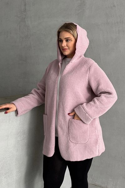 Stil Diva Plus Size Long Sleeve Hooded Plush Jacket with Front Closure Pocket 97-14
