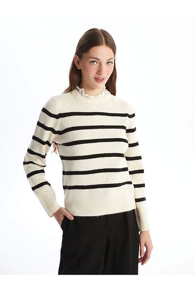 LC Waikiki Lcw Vision Black Ruffled Stand Collar Striped Long Sleeve Women's Knitwear Sweater