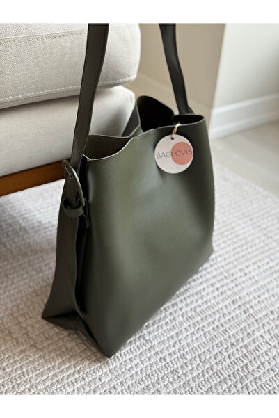 BAGLOVİS Magnetic Closure Khaki Women's Shoulder Bag with Large Oval Buckle Detail