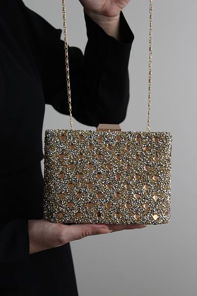 Mimoza Women's Gold Double-Way Stone Evening Bag with Movable Handle and Chain Strap