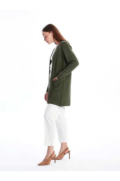 LC Waikiki Lcwaıkı Basic Khaki šálový límec Pevný dámský pletený kardigan s dlouhým rukávem