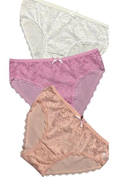 Gizli Butik Set bikini din bumbac pentru femei, roz ecru, 3 piese - dantelă în față